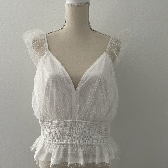 Francescas Mi Ami Top Shirt Womens White Ditsy V Neck Smocked Blouse Size XL NWT - Picture 1 of 8